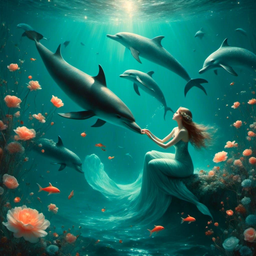 romantic paintings of a modest mermaid feeding tiny shrimp t...