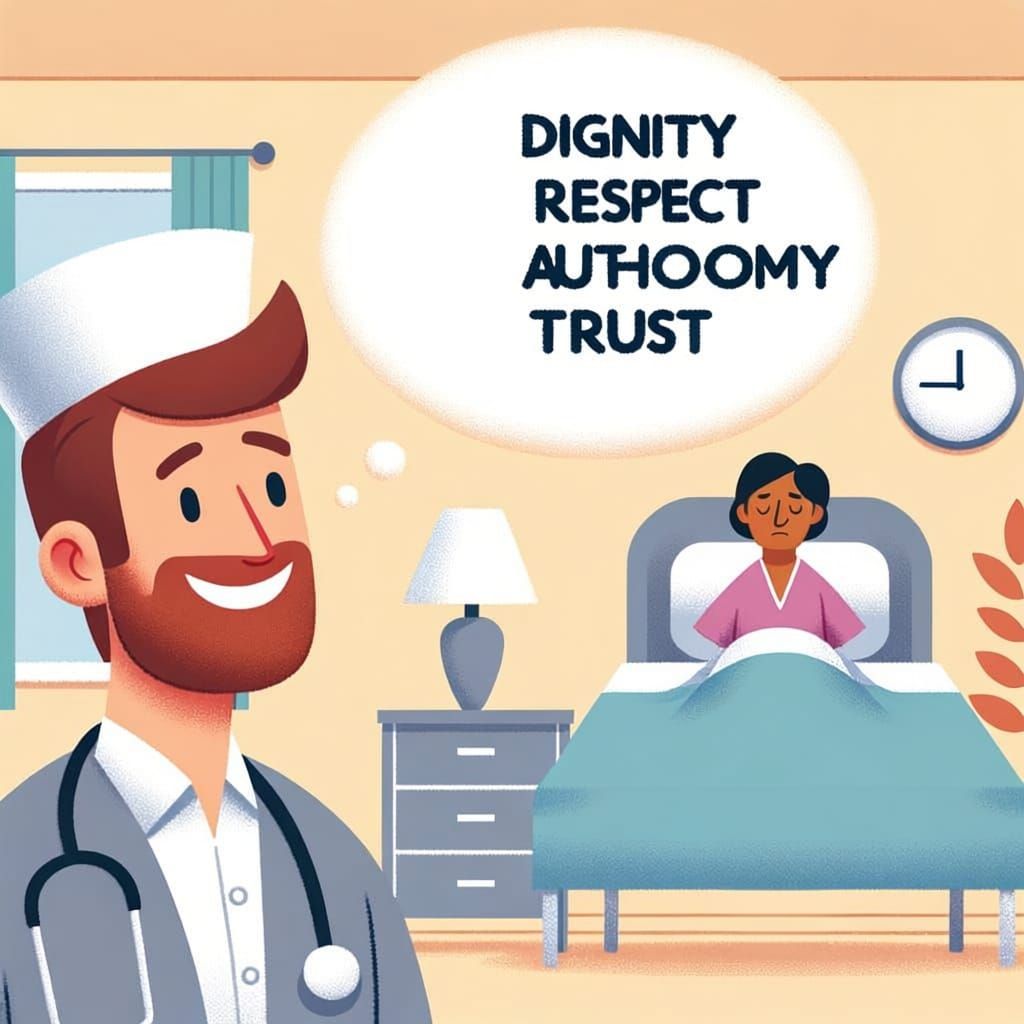 A smiling nurse entering a patient's room with a thought bubble above his head that says "Dignity, Respect, Autonomy, Trust." The patient is...