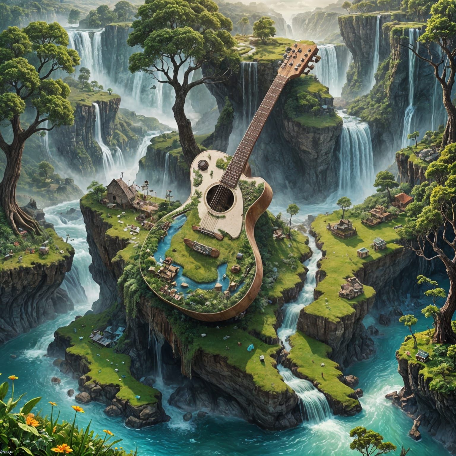 Surreal Landscape with Giant Guitar Rising from the Earth