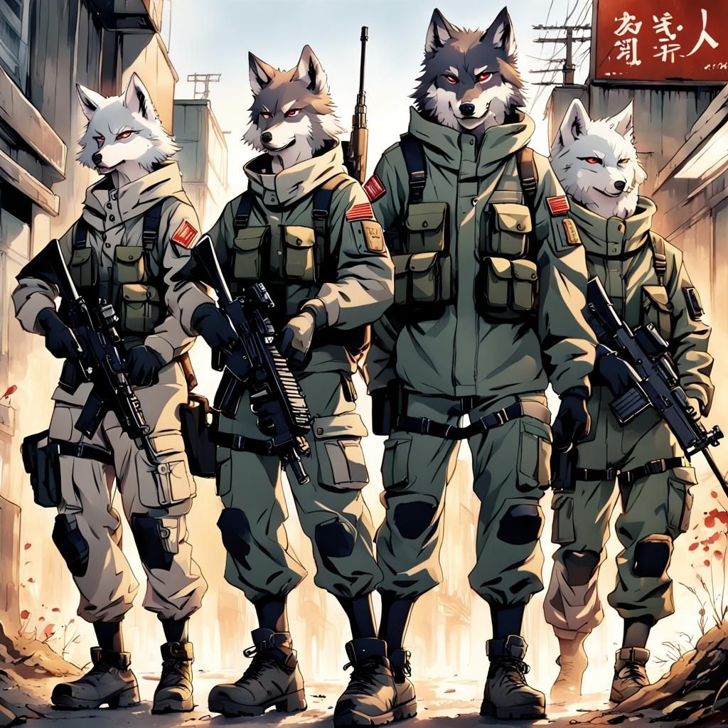 Squad of Anthromorphic Gray Wolf wearing army suit and bring...