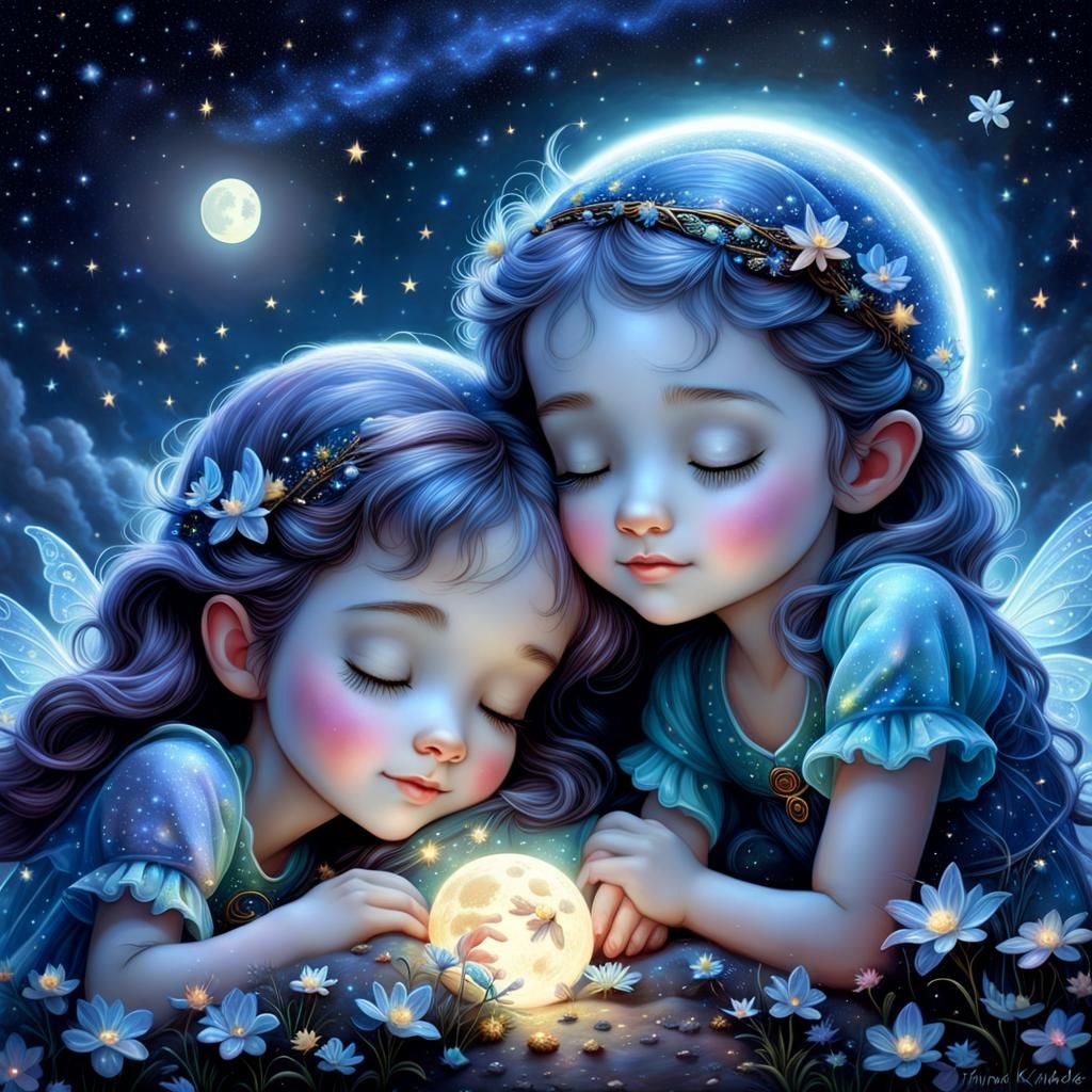 Stunningly detailed Cutest, Adorable, Happy, Fairies Sleeping on a Bioluminescent Moon and Stars in an ...  by @Miss Kellie Anne Oxford