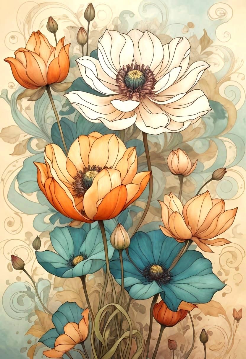 A vibrant, stylized lotus flower, in impressionist style.  Complex, swirling petals in a gradient of ...  by @g r r c