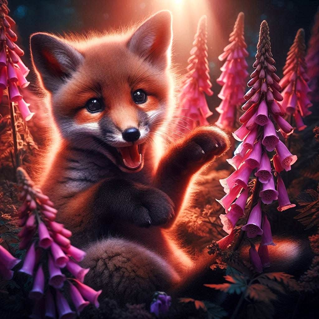 Red Fox (Vulpes Vulpes) Cub & Foxgloves (Digitalis Purpurea)