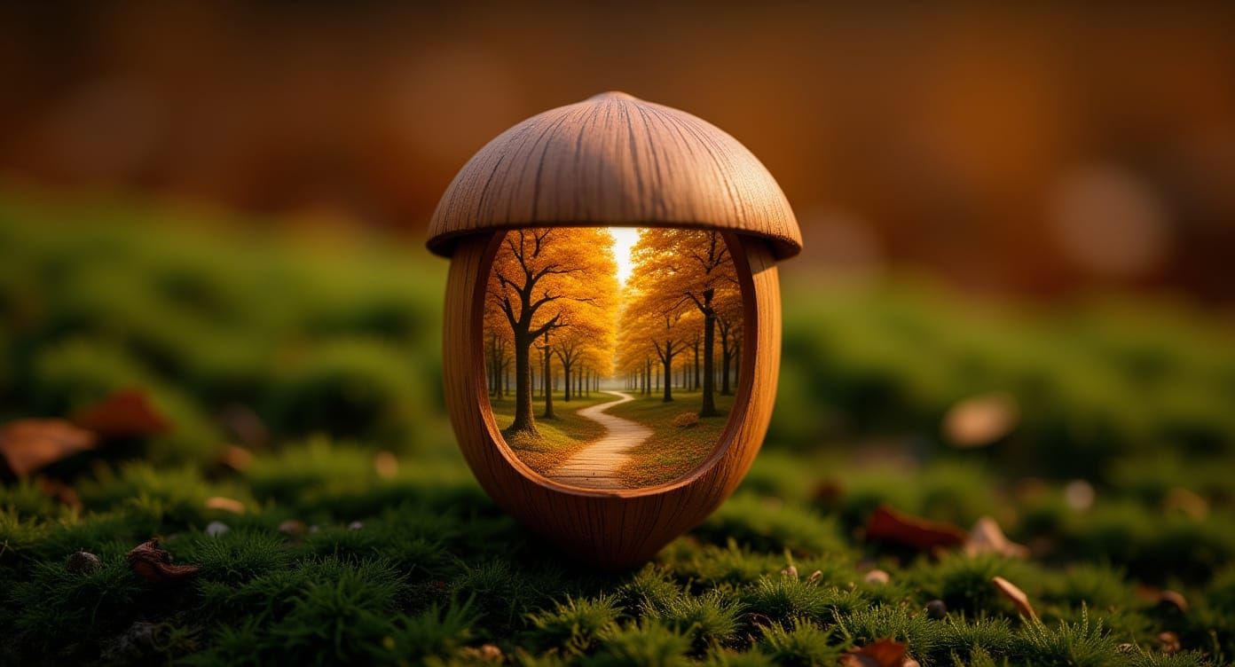 Miniature Autumnal Scenes. Highly creative. Macro photography. A single, perfectly formed acorn sits ...  by @VictoriouslyOther