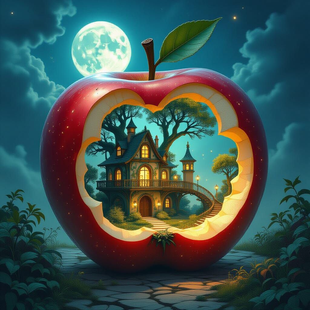 Surrealism. A colossal, ancient apple, cracked open to reveal a miniature, bustling treehouse city within, bathed in ethereal moonlight. The...