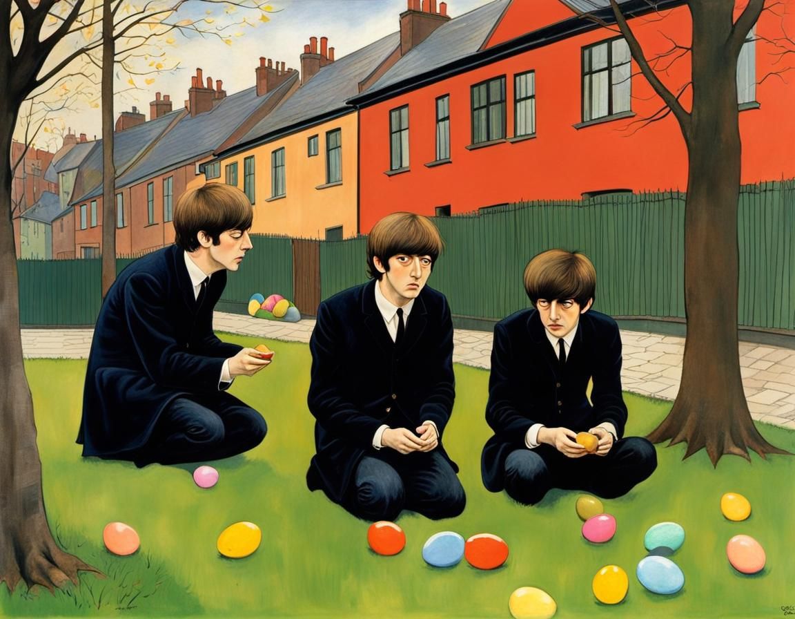 the beatles hunting for easter eggs in a Liverpool frontyard - AI ...