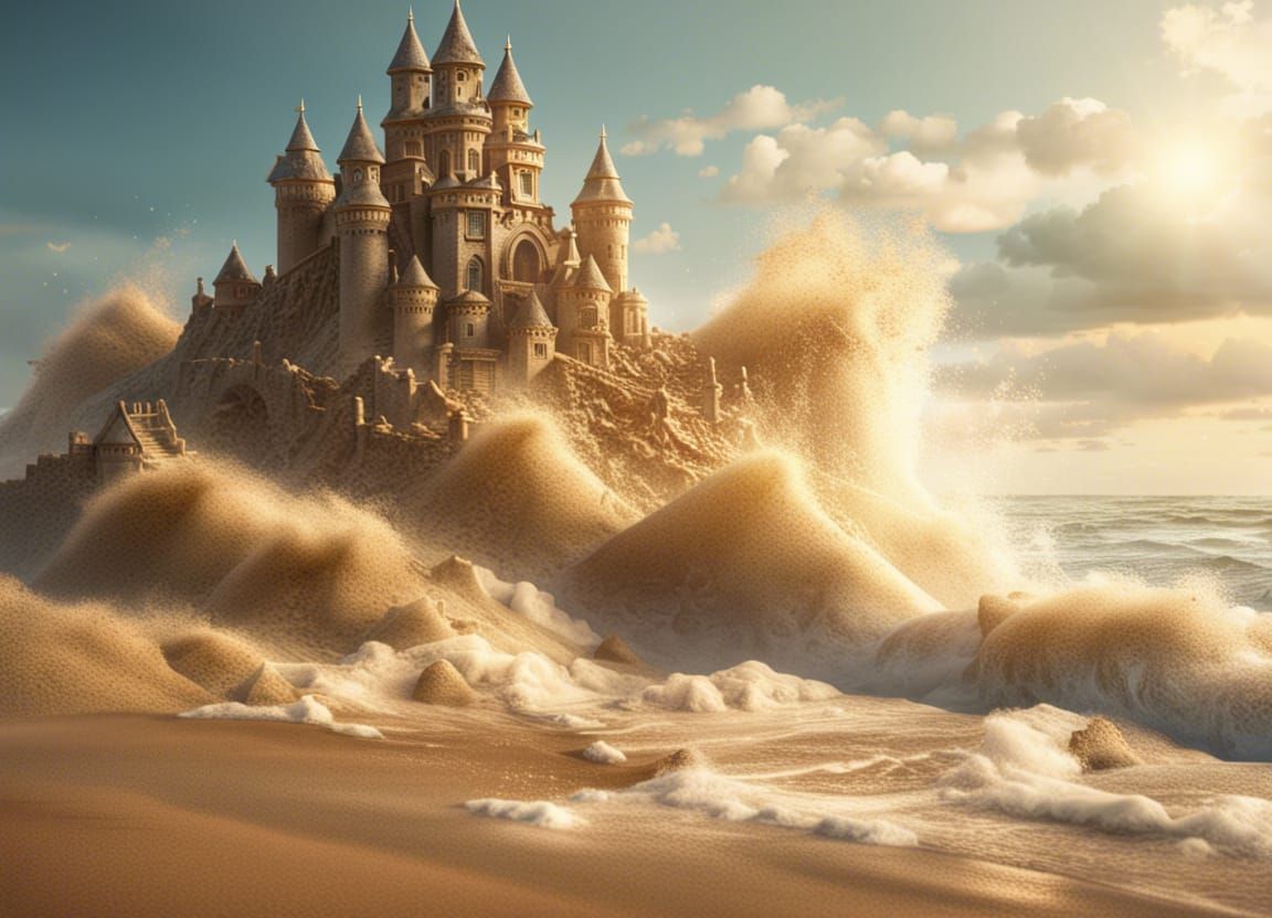 A sand-castle being washed away by a huge wave, beautiful beach scenery, perfect sunlight, great composition