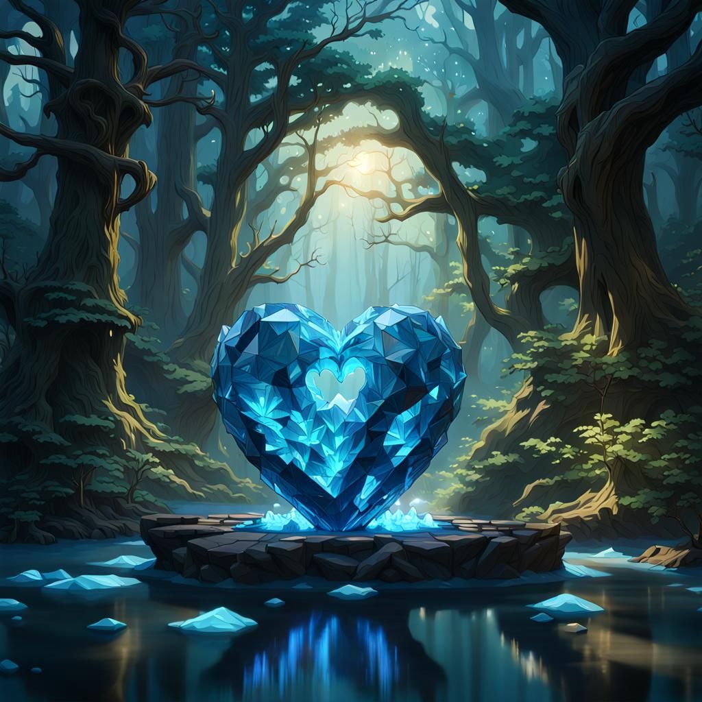 Crystal Heart statue in the middle of a forest
