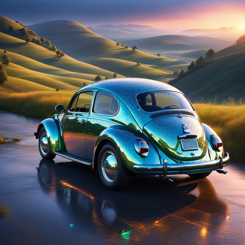 vw beetle), made of diamond   in a beautiful dawn, in the ba...