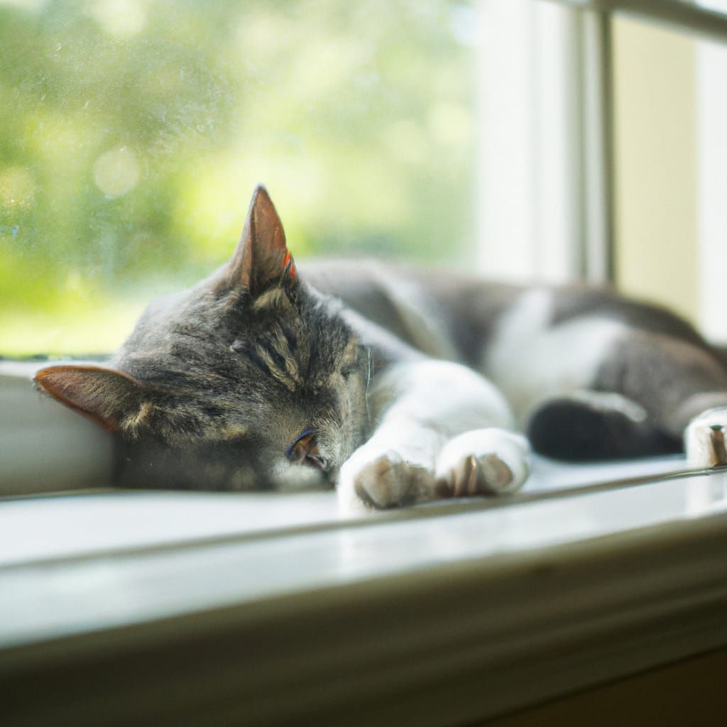 An adorable cat sleeping on a window sill AI Generated Artwork