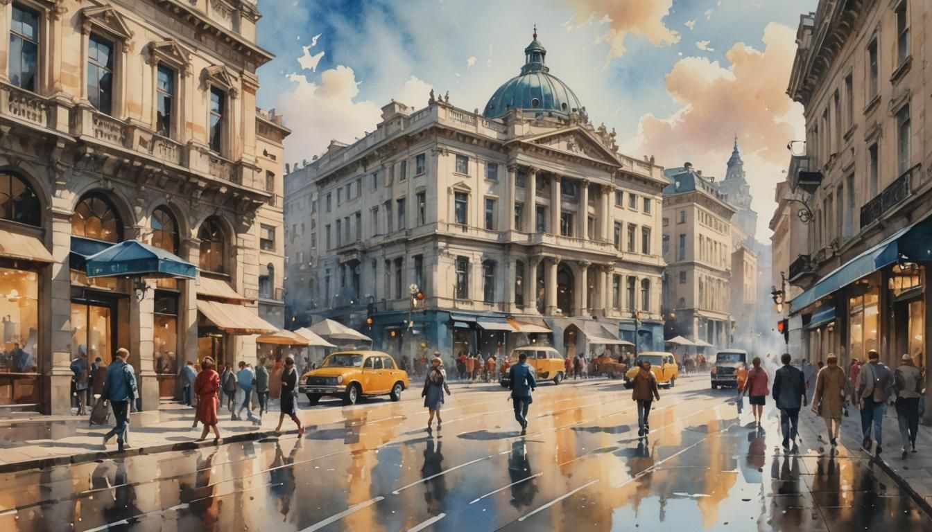 This artwork captures a lively and bustling street scene ren...