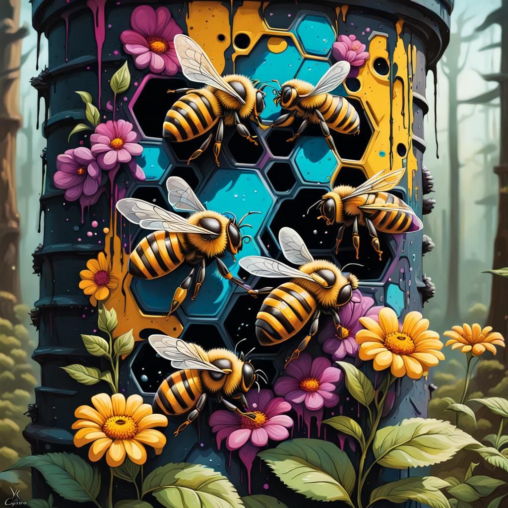 behive in the forest bees pollinating flowers