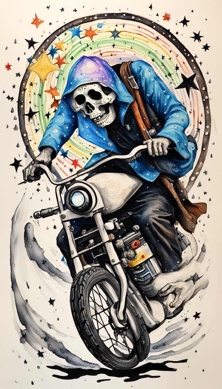 Holy Death, Mama  Muerte riding a  motorcycle  leads the wil...