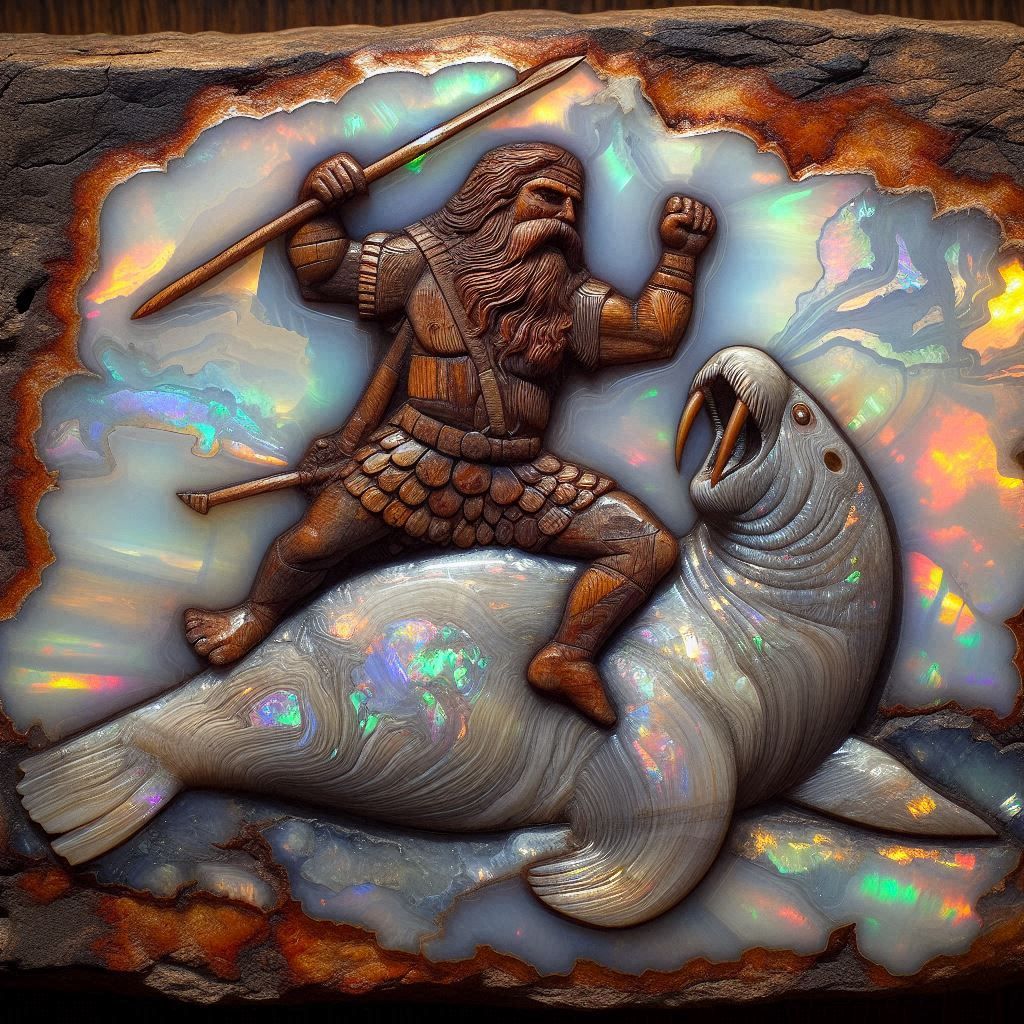 ancient walrus hunt opalized petrified wood carving
