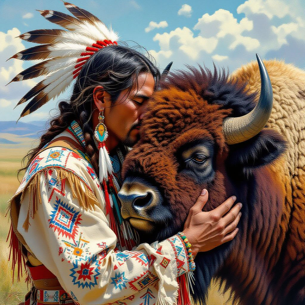 An  American Comanche Indian man is showing affection to a Bison