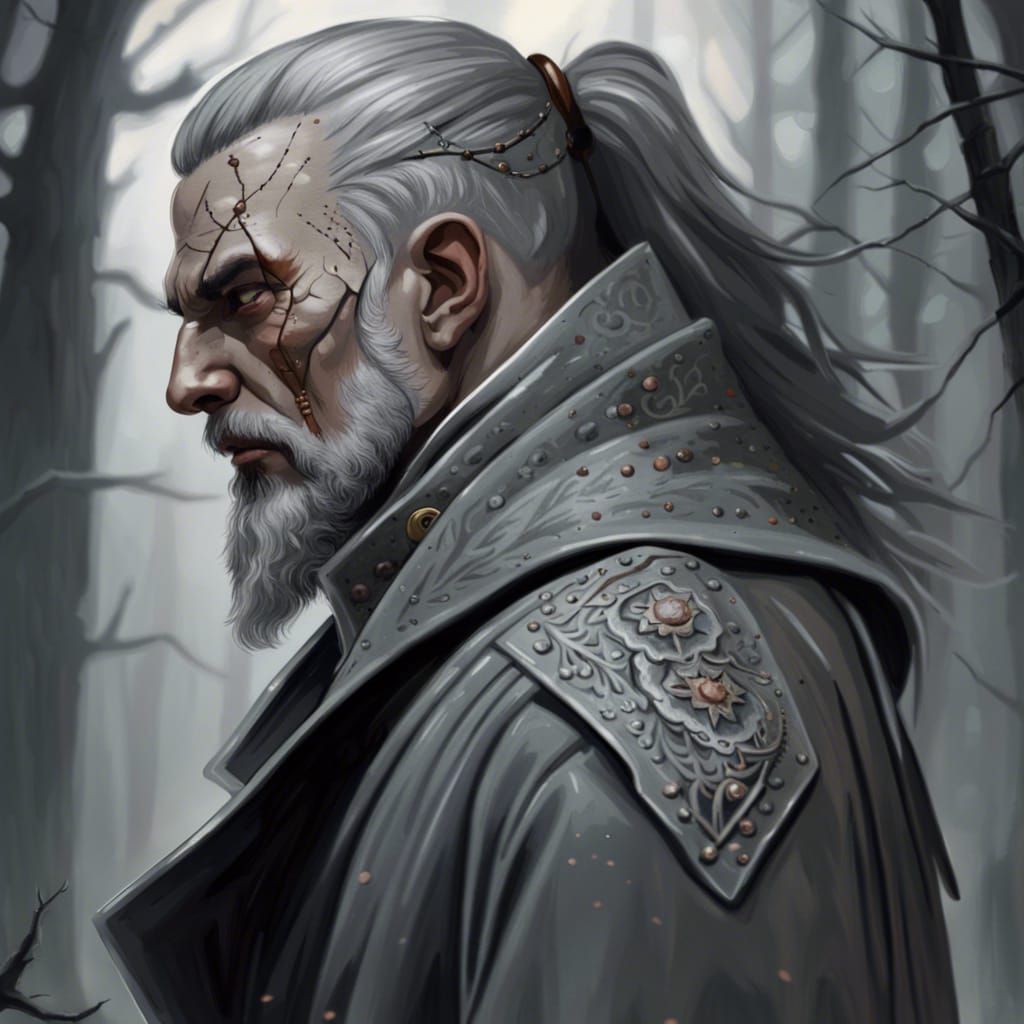 BARE HEADED HUMAN WAR WIZARD IN LONG LIGHT GRAY WOOL MILITAR...