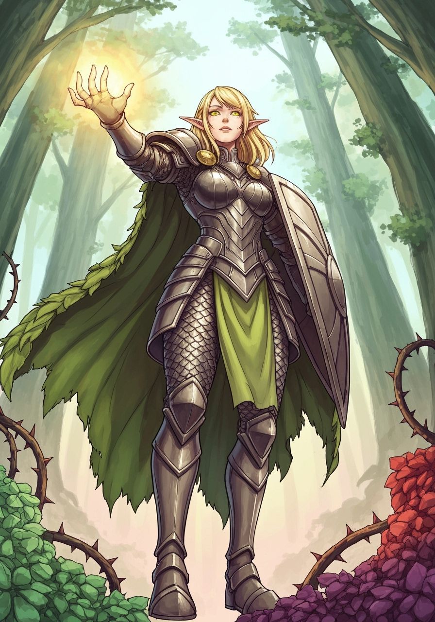 elf paladin, forest, from below, metallic scales, heavy armor, outstretched glowing holy hand, leaf cloak, shield, d&d, ...
