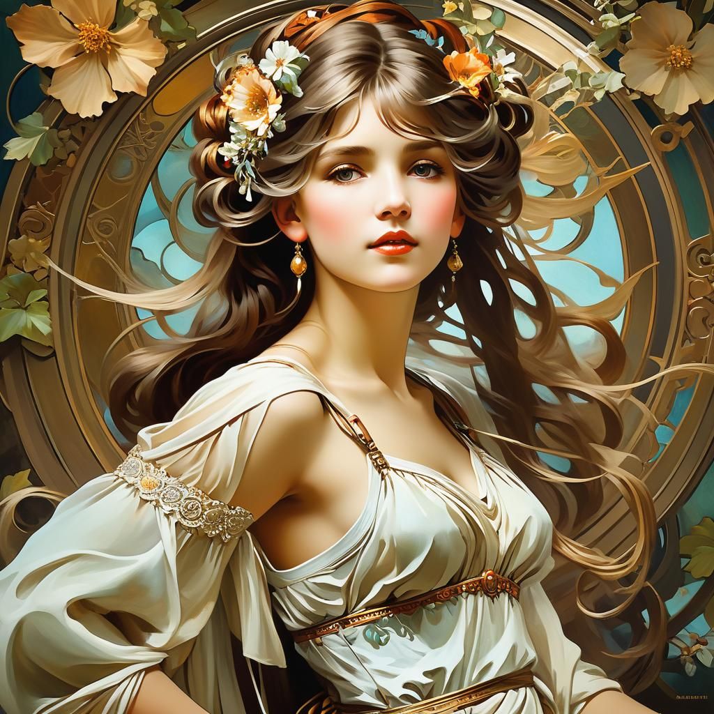 Alphonse Mucha Style Impasto Oil Painting