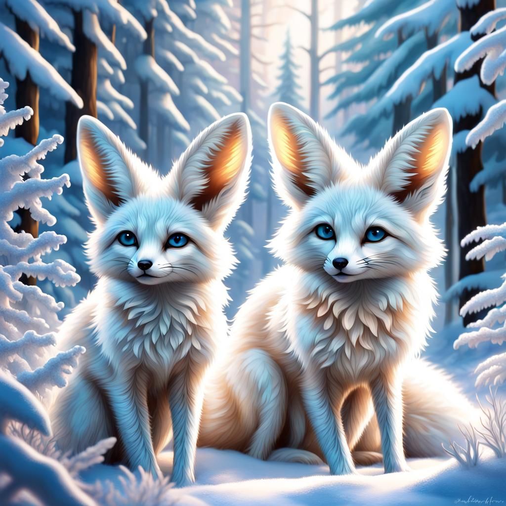 adorable Family of fennec foxes, large sparkling ice webbed eyes ...