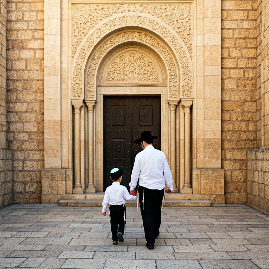 Ultra-Orthodox Father and Child Walk to Synagogue - AI Art