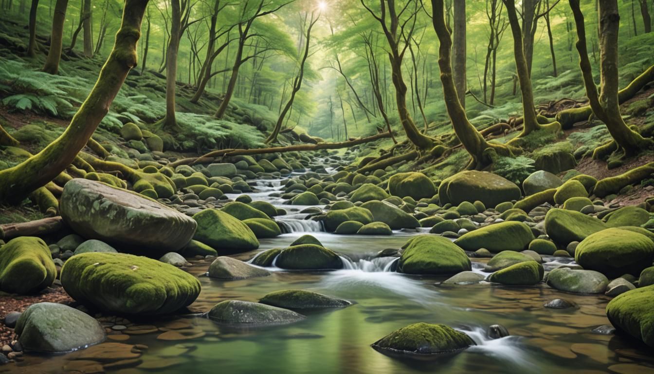 A tranquil forest stream, meandering gracefully over polishe...
