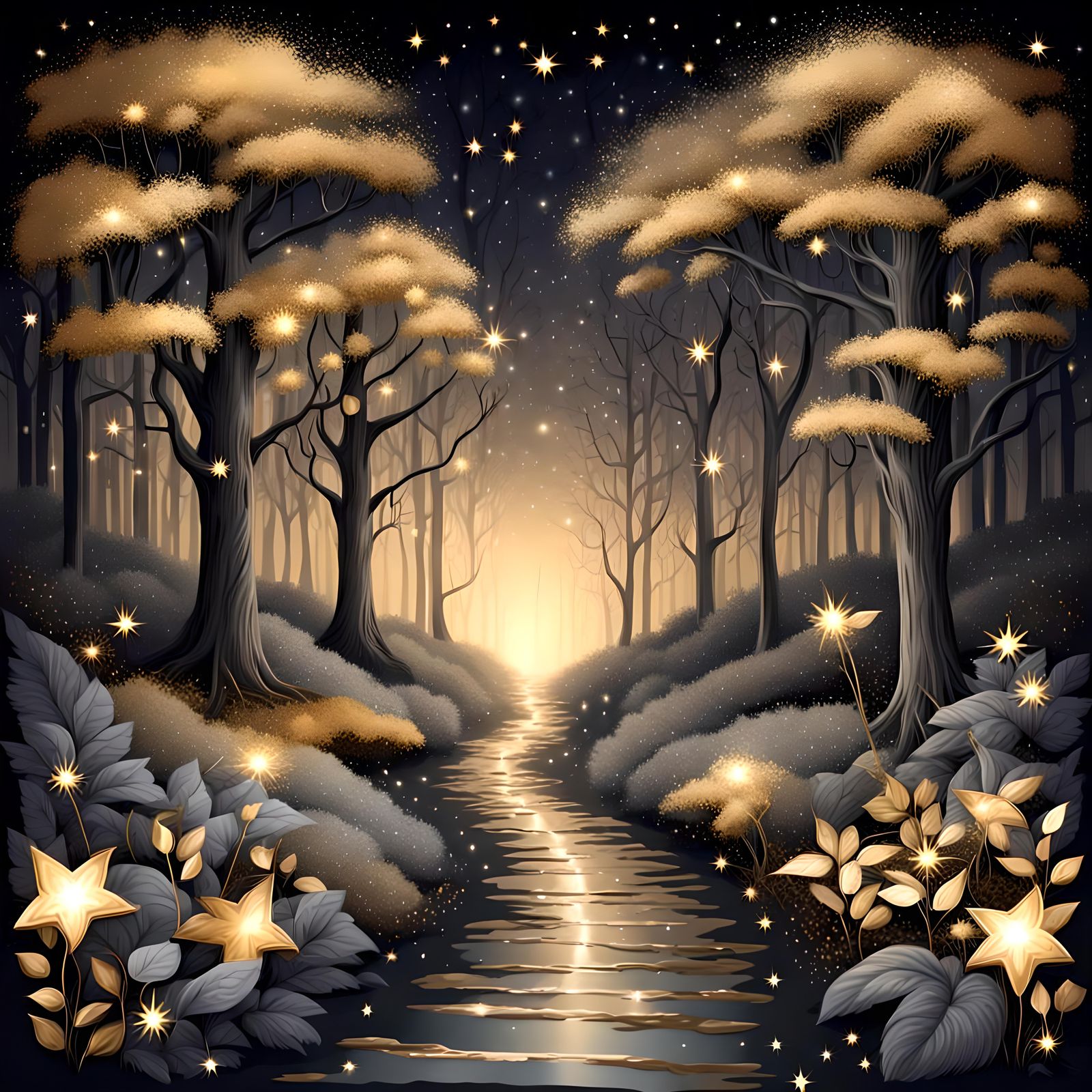 Palette gold and gray,  Path through Fantasy fairy enchanted forest  by @Taralie