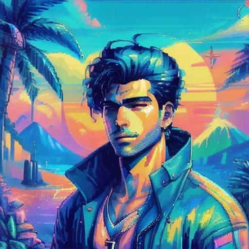 <lora:Pretty People:1.0> <lora:TidalWaves v1:1.0> Pixel art portrait of a man with palm trees synthwave arcade retro neo-impressionism expre...