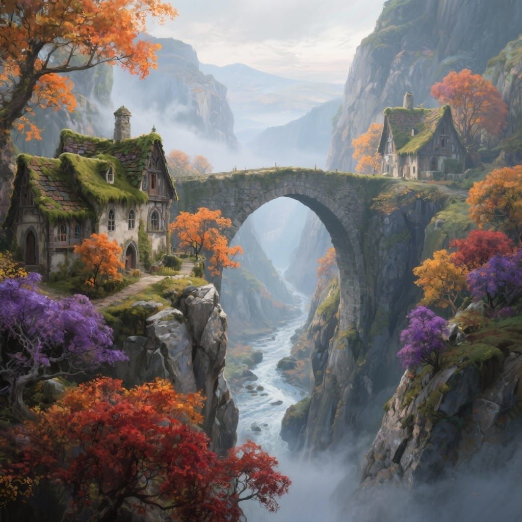 A breathtaking fantasy landscape of a high stone bridge arching between two steep cliffs, with medieval houses and towers built on the cliff...