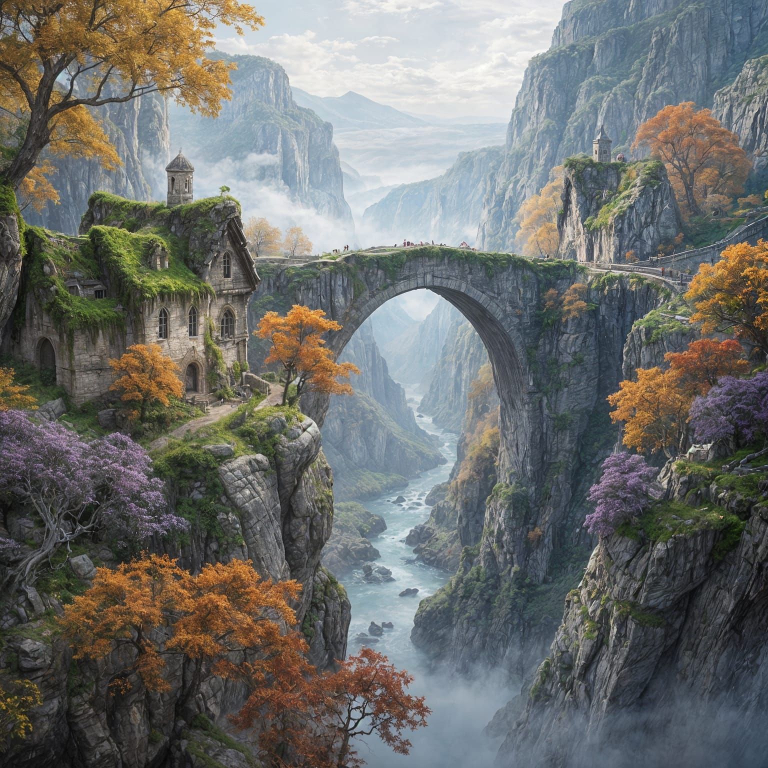 A breathtaking fantasy landscape of a high stone bridge arching between two steep cliffs, with medieval ...  by @Likvi