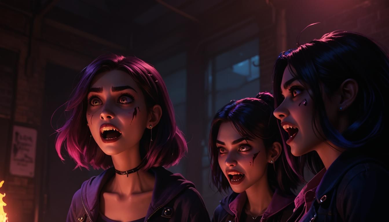 Vampire high-school girls hissing at you with sharp fangs an...