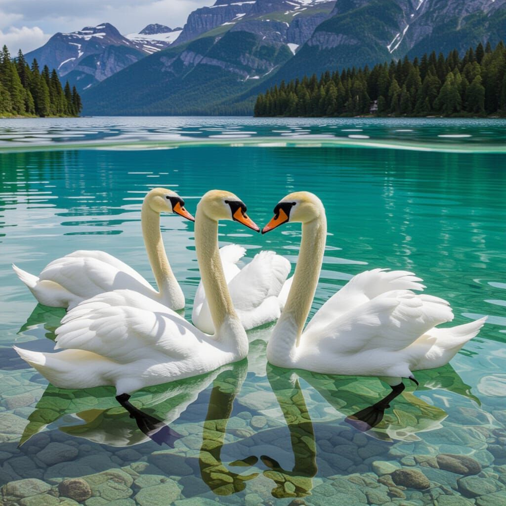 Swans in Clear Water with Surreal Landscape