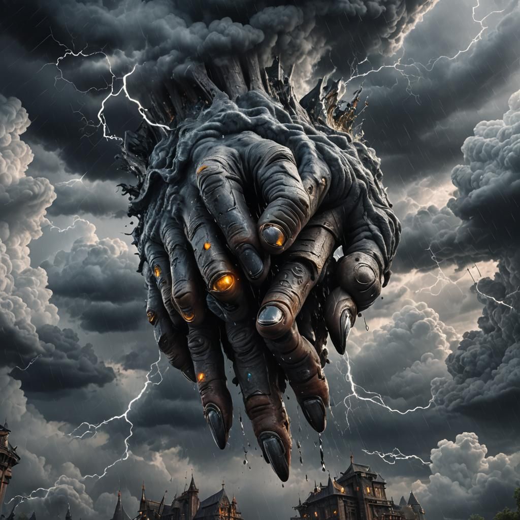 Dramatic Hand Emerges from Stormy Sky