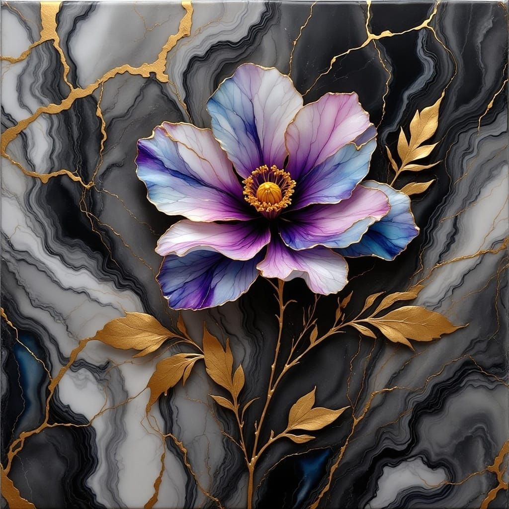 <lora:Marble Intensity:1.0> Flower on black marble, big flower painting on marble, golden streaks, blue purple pink flower, black marble, al...