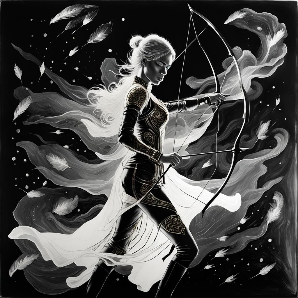 Cupid's Bow, fires  love-arrows Black and white that girl thinks she's love's own (archer:2) in bioluminescent cloisonné chiffon shooting li...