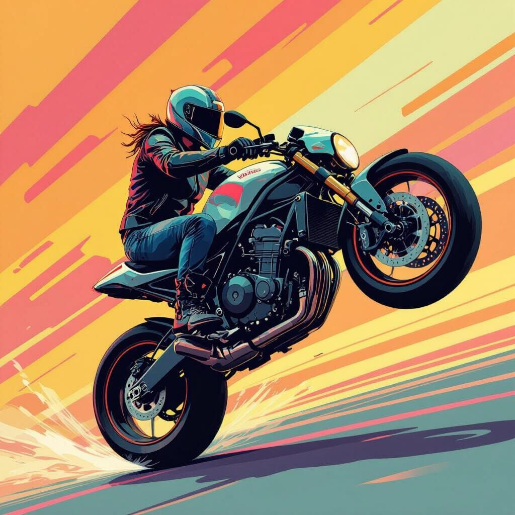 Motorcycle Wheelie in Vibrant Digital Art Style