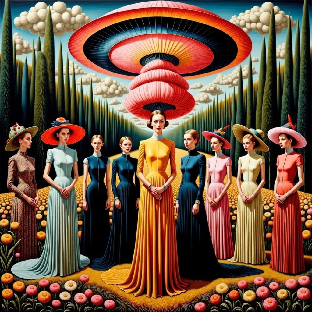  <lora:Surreal Sunday Flux:1.0>Surreal vintage glamour René Magritte tigre ovni fleur réservoir femme