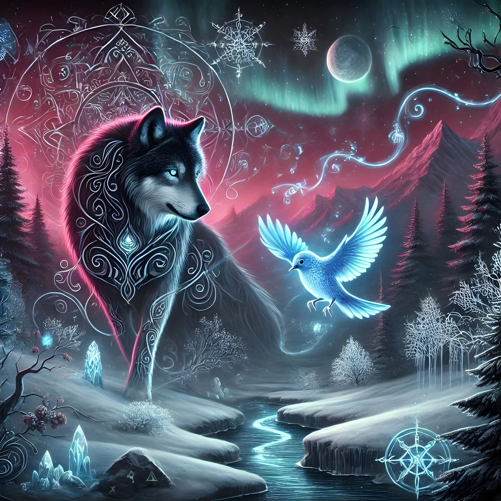 Nordic wolf and bird