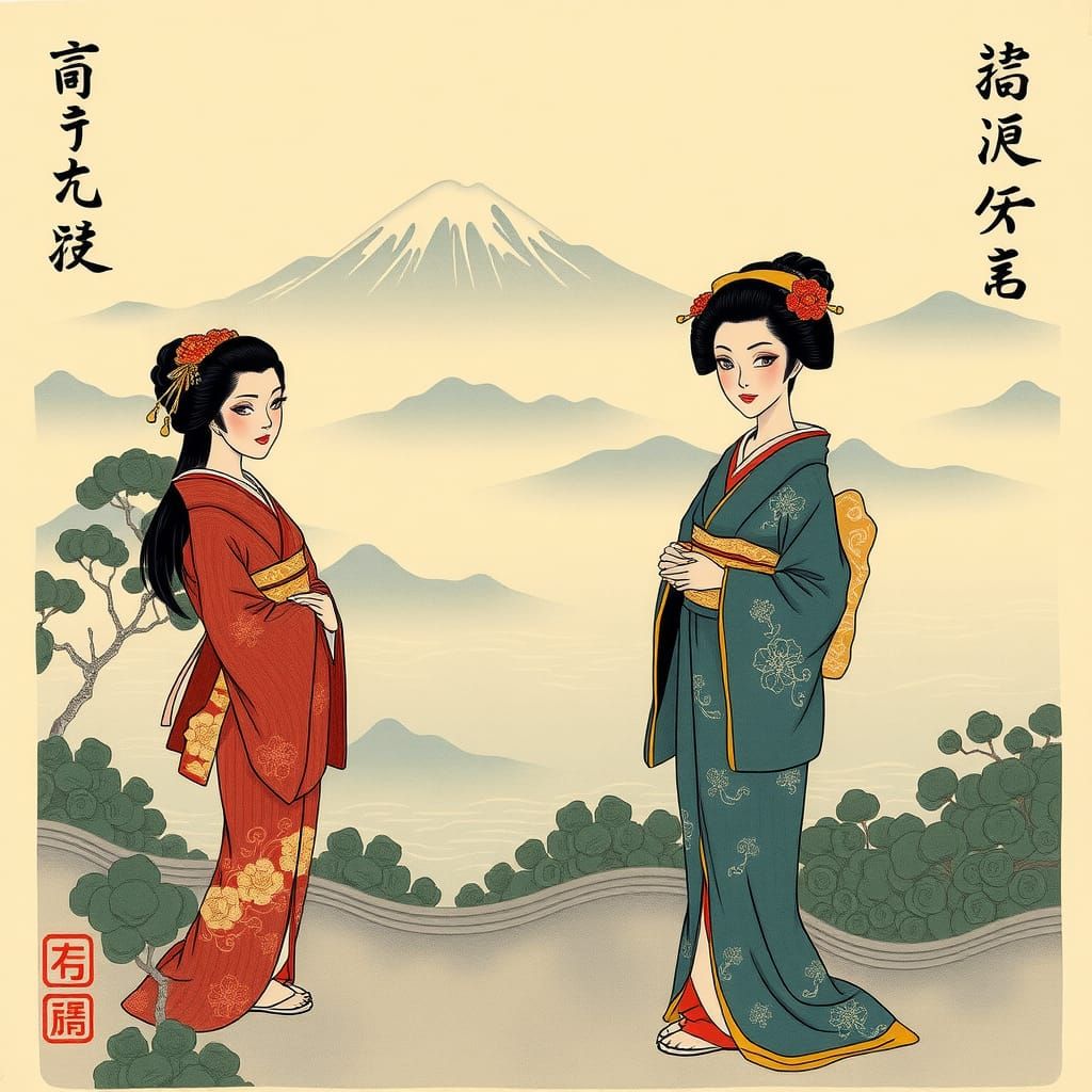Ukiyo-e art on paper, with kanji letters, geishas in garden,...