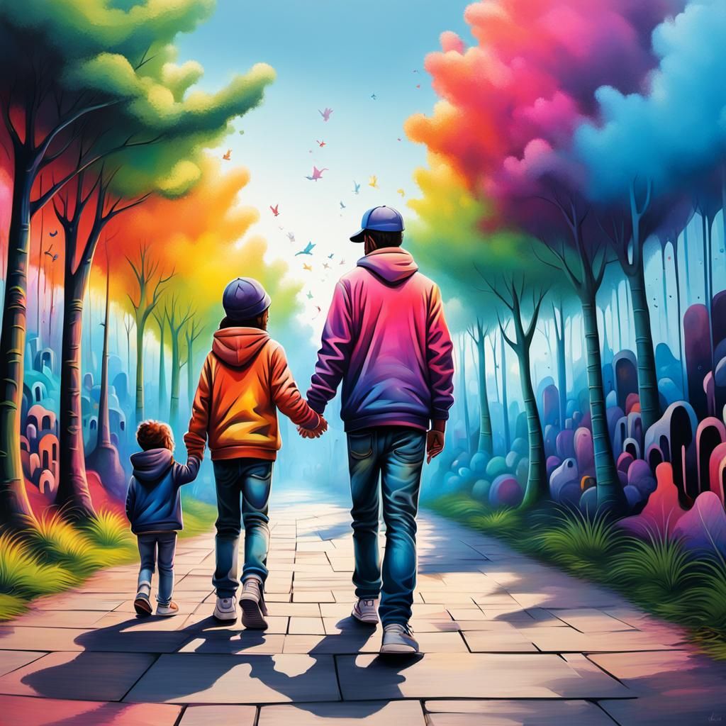 3D depth graffiti art, couple holding their childrens hands,...
