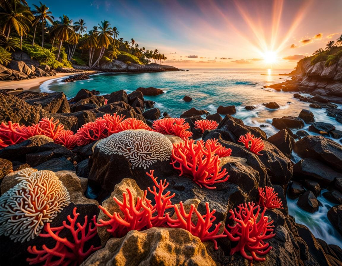 "a split view of a Rocky shoreline and a all colors coral reef : naturalism, Award Winning Photograph ...  by @Philemon