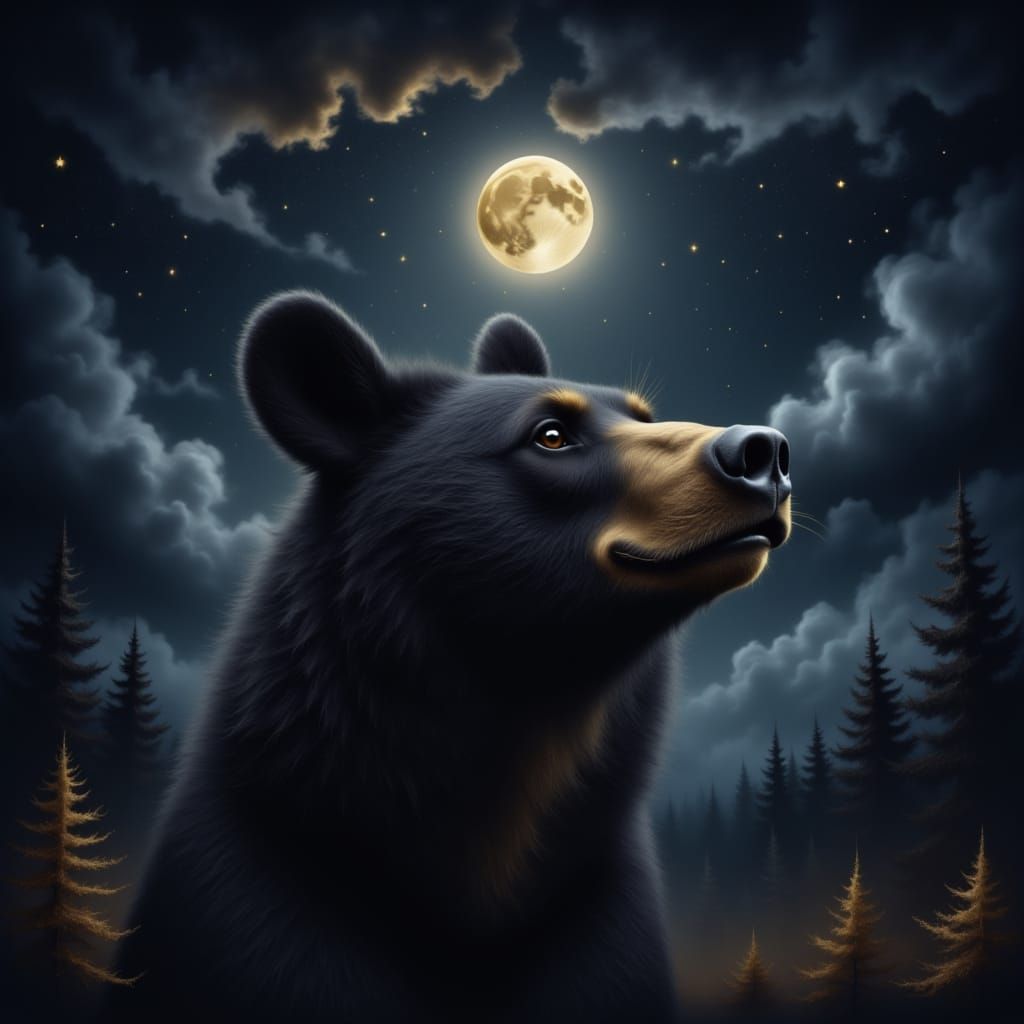 <lora:Ominous Skies:1.0> close up black bear, night sky