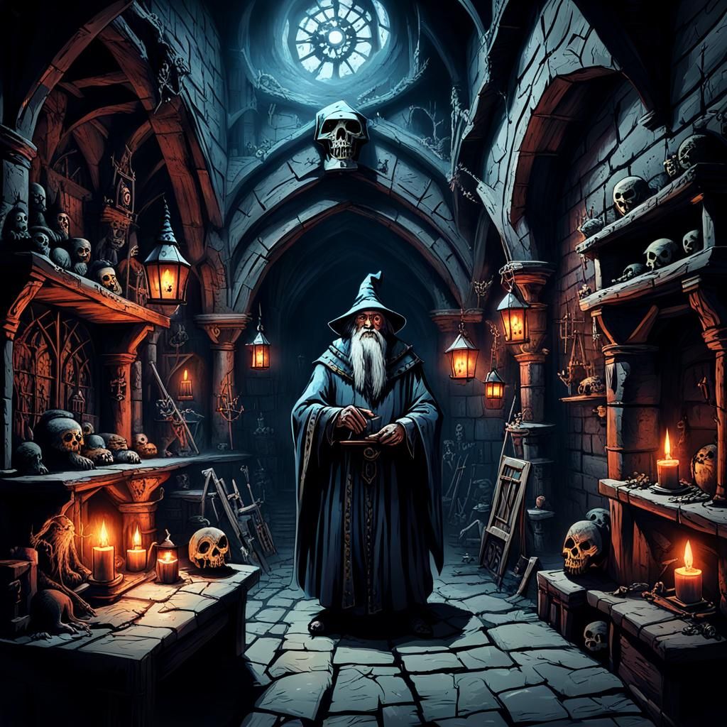 Medieval Lair of a creepy old wizard.
