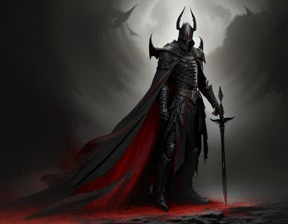 a wraith knight in full chaos plate armor with horned helm holding a gigantic scimitar in hand with his dark red cloak billowing around him ...