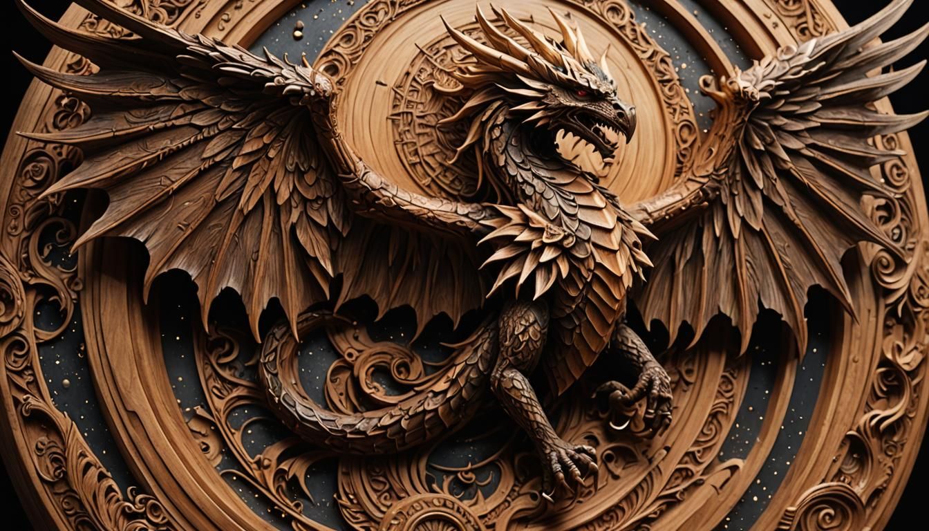 a large wood carving of Bahamut  by @harzilla