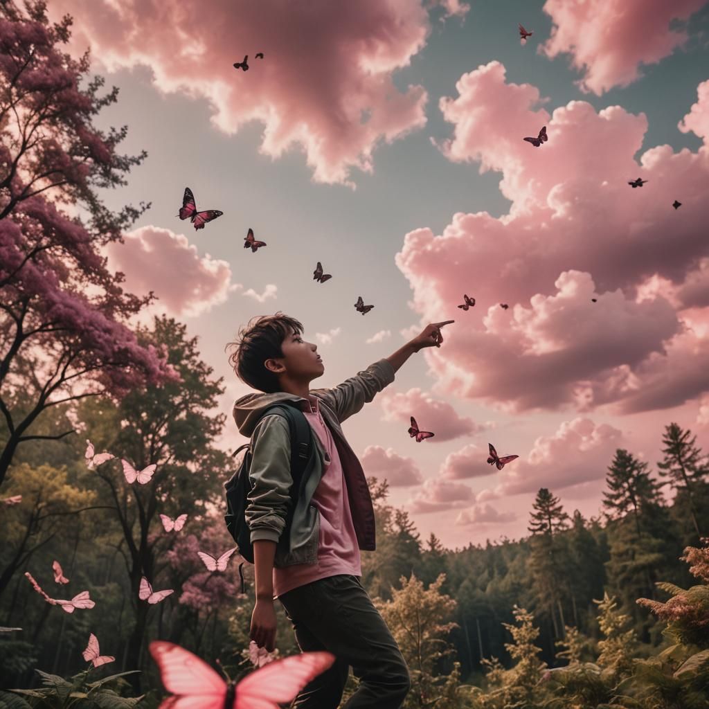 Boy with Butterflies in Forest, Cinematic Film Still