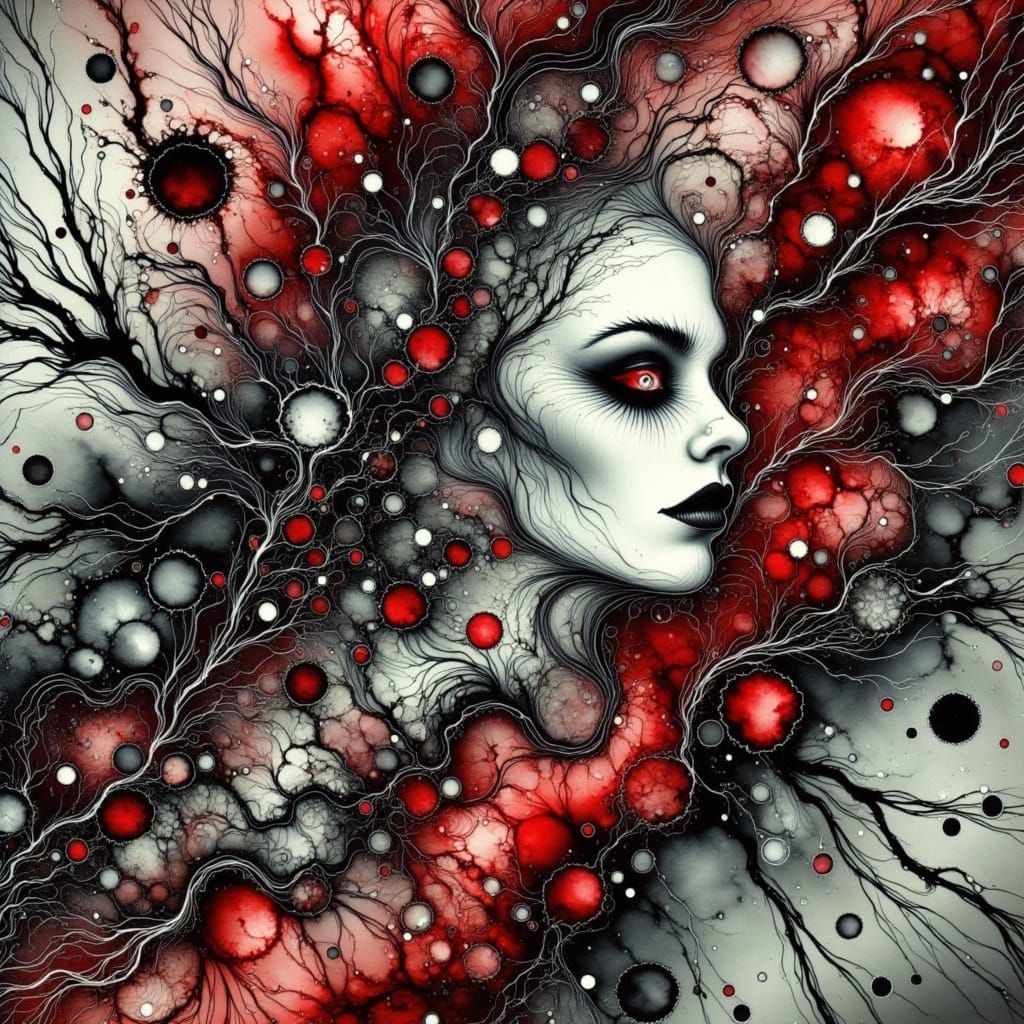 <lora:Alcoholic Inks:1.3> A goth woman immersed in a surreal alcohol ink background, featuring flowing patterns of deep black, blood-red cri...