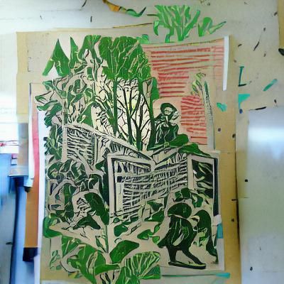 overgrown school maximalist woodcut