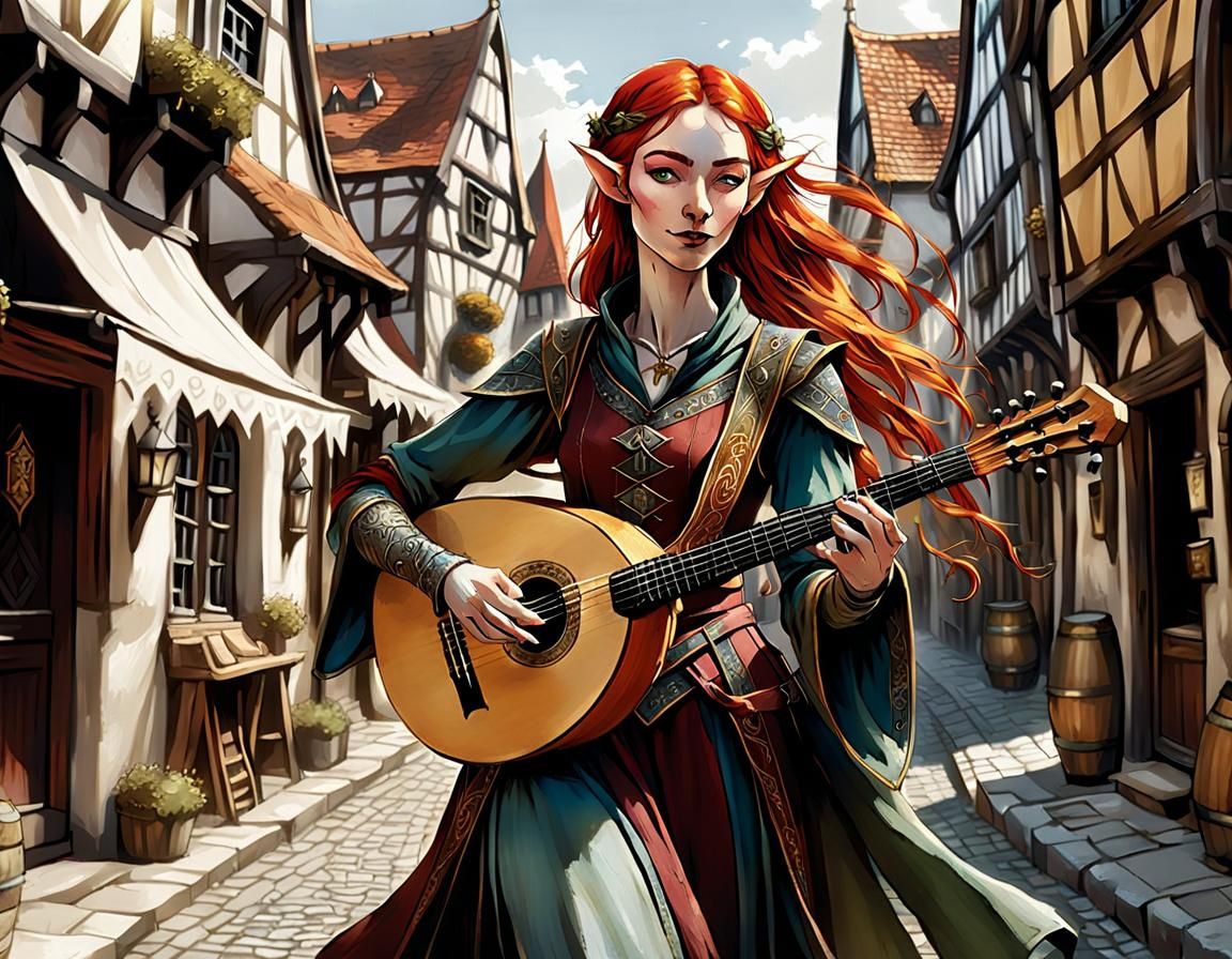 Elven bard strumming her lute as she walks down the main str...