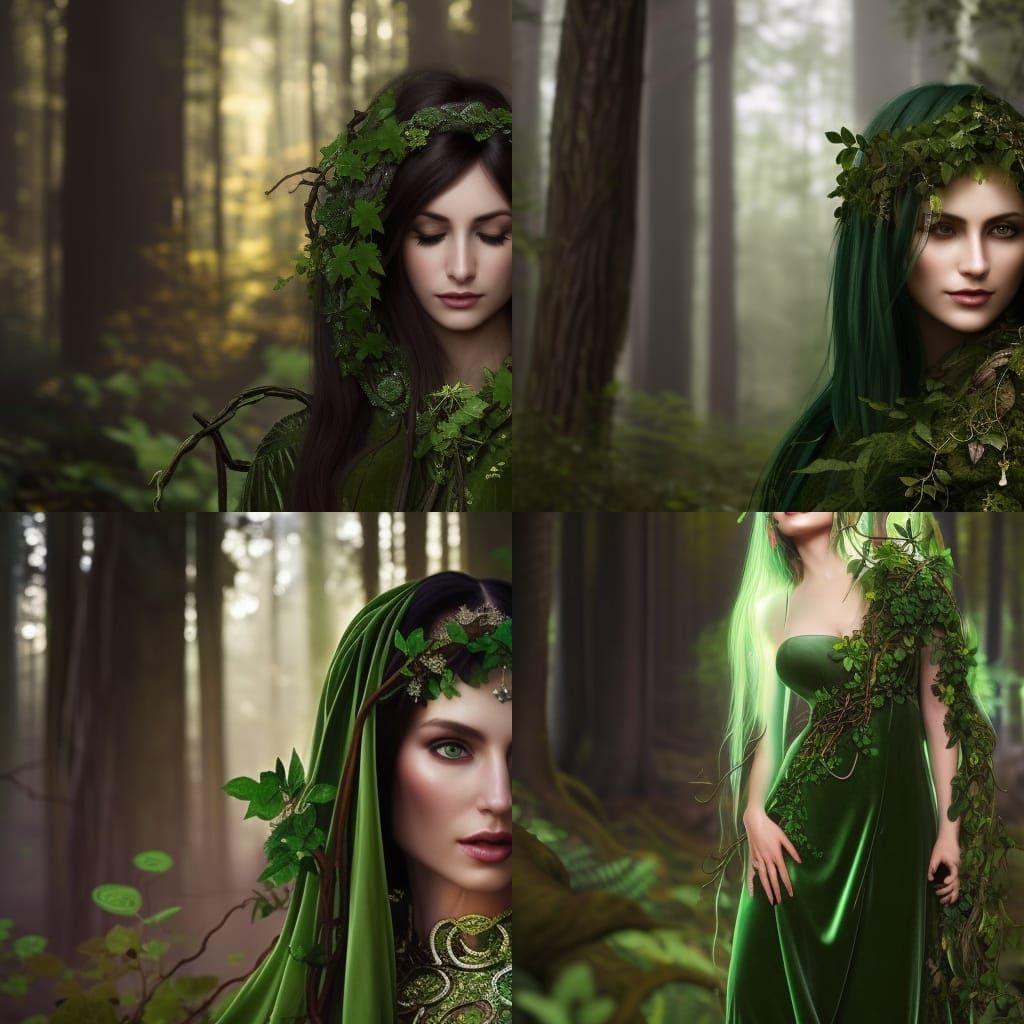 Beautiful Celtic priestess dressed in green velvet dress, in a mystical ...