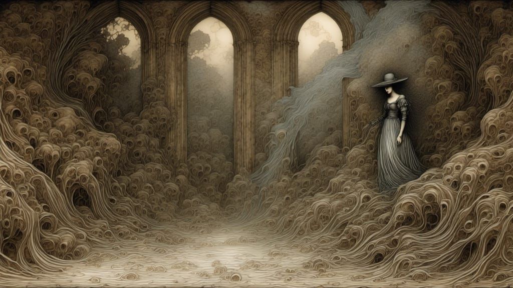 "The Red Witch." Ominous, Occult, Intricately Designed, Elegant, Scenic, Delicate; Complex, Albrecht Dürer, full color storybook illustratio...